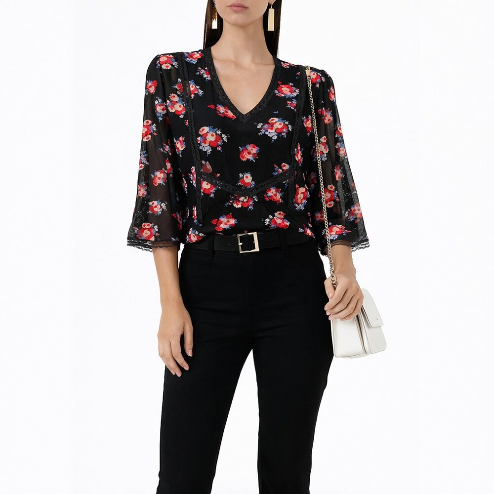 CLAUDIE PIERLOT BECOT Black Floral Lace Trim V-Neck 3/4 Sleeve Blouse Size 36